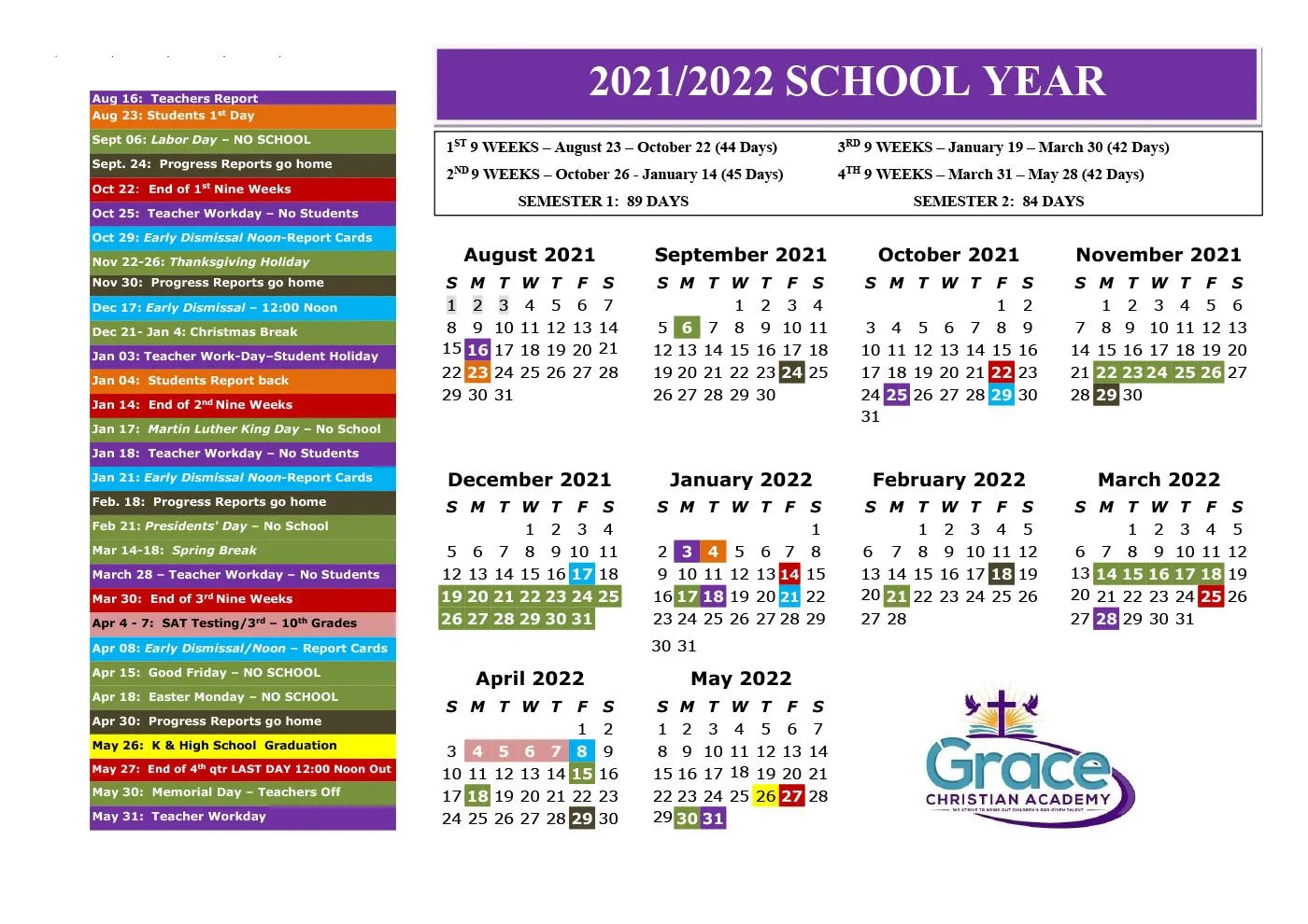 Calendar Grace Christian Academy